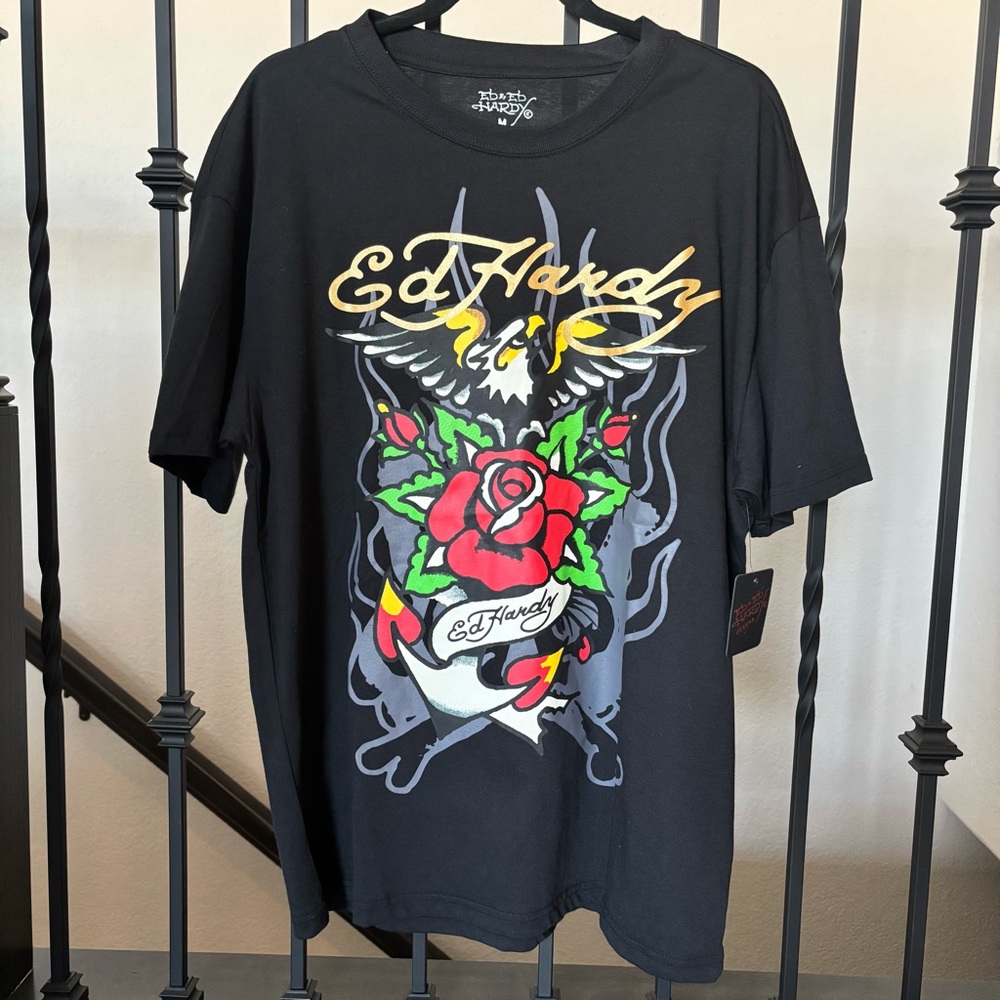 Ed Hardy Eagle Rose Graphic Print Black Short Sleeve T-Shirt Mens Size Medium